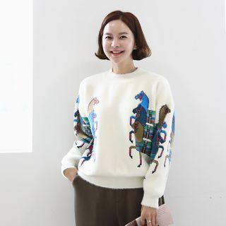 Horse-embroidered Furry Sweater Cream - One Size