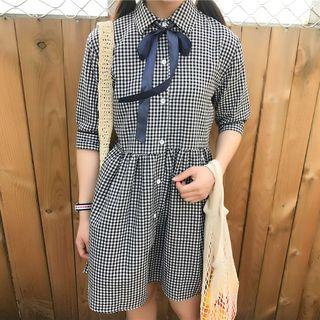 Elbow-sleeve Gingham Shirt Dress