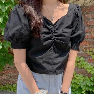 Puff-sleeve Drawstring Blouse Black - One Size