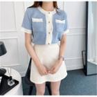 Short-sleeve Contrast Trim Cardigan / Mini Skirt