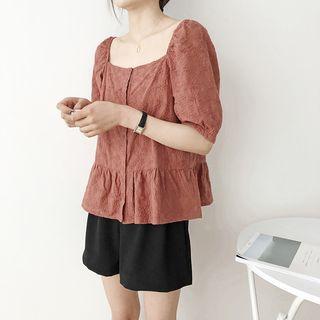 Embroidered Elbow-sleeve Square-neck Blouse