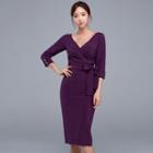 Bow Accent Elbow-sleeve Sheath Dress