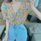 Short-sleeve Floral Print Shirred Blouse Floral - Yellow - One Size