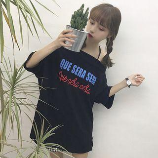 3/4-sleeve Off-shoulder Lettering Top