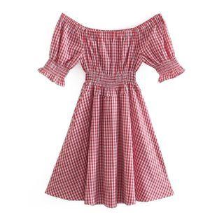 Short-sleeve Off-shoulder Gingham Mini A-line Dress