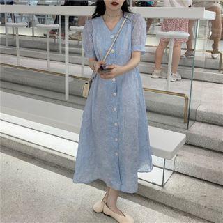 Button Short-sleeve A-line Lace Dress