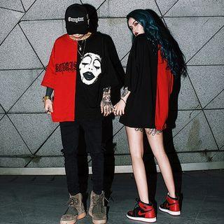 Couple Matching Print Short-sleeve T-shirt Normal - Red & Black - 2xl