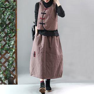 Frog Button Plaid Padded Vest / Midi A-line Skirt / Set