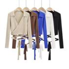 Long-sleeve Collared Tie-waist Cropped Knit Top