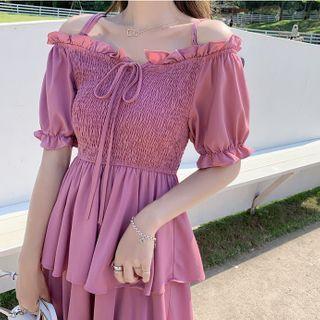 Off-shoulder Smocked Midi A-line Layered Dress