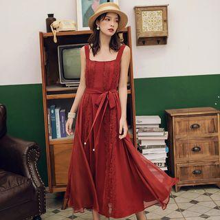 Wide Strap Lace Trim Midi A-line Dress
