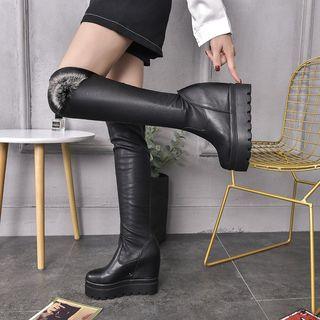 Faux Leather Pompom Platform Hidden Wedge Over-the-knee Boots