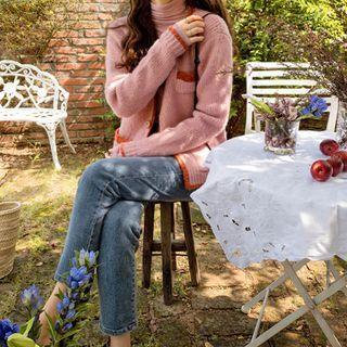 V-neck Contrast-trim Cardigan Pink - One Size