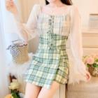 Set: Cropped Chiffon Light Jacket + Spaghetti Strap Plaid Mini Bodycon Dress