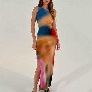 Sleeveless Crew Neck Tie-dye Midi Bodycon Dress