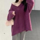 V-neck Plain Loose-fit Sweater Purple - One Size