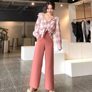 Plaid Shirt / Chiffon Wide Leg Pants