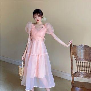 Puff-sleeve Mesh Midi A-line Dress