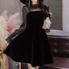 Set: Long-sleeve Top + Spaghetti Strap Velvet Dress