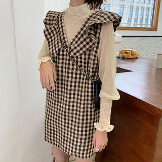 Long-sleeve Chiffon Top / Plaid Shift Pinafore Dress