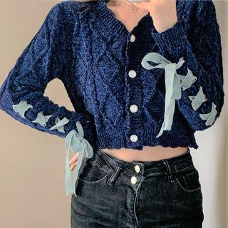 Lace Up Cropped Cardigan Blue - One Size