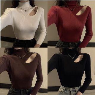 Turtleneck Cutout Ribbed Knit Top