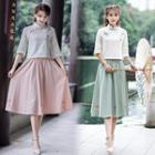 Set: Traditional Chinese Elbow-sleeve Embroidered Top + Midi Skirt