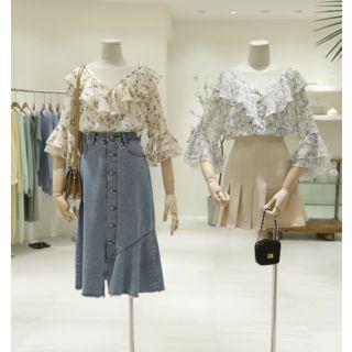 Ruffle-trim Elbow-sleeve Floral Print Top
