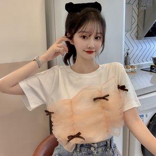 Bow Detail Ruched Mesh Panel Top