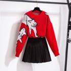 Cat Print Sweater / A-line Skirt / Set