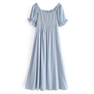 Puff-sleeve Square-neck Wood Ear Trim Striped Dress