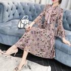 Floral Print Bell-sleeve A-line Midi Chiffon Dress