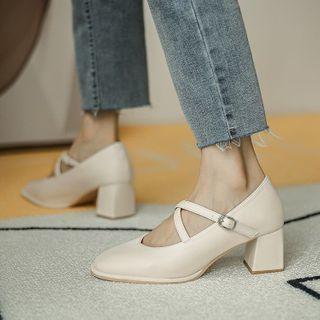 Block Heel Cross Strap Mary Jane Pumps