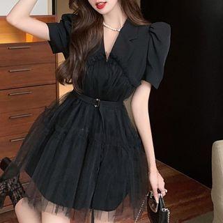 Short-sleeve Mesh Overlay Mini A-line Dress