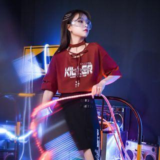 Short-sleeve Printed Tie-neck Cut-out T-shirt / Asymmetrical Mini Skirt