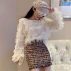 Long-sleeve Furry Top / Mini Tweed Skirt