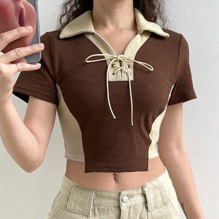 Color Block Ribbed Tie-front Short Sleeve Crop T-shirt