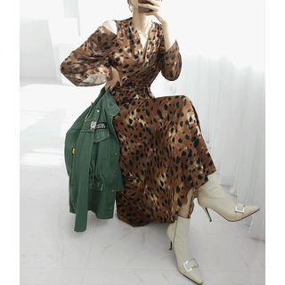 Cutaway-shoulder Leopard Chiffon Dress