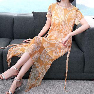 Short-sleeve Print Gather-waist Dress