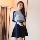 Two-tone Long-sleeve Knitted A-line Dress
