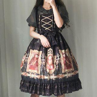 Set: Sleeveless Print A-line Lolita Dress + Short-sleeve Shirt
