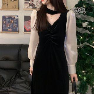 Long-sleeve Two-tone Midi Sheath Dress Black & Almond - One Size