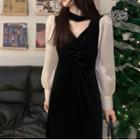 Long-sleeve Two-tone Midi Sheath Dress Black & Almond - One Size