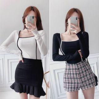 Square-neck Contrast-piping Top