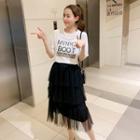 Set: Elbow-sleeve T-shirt + Sheer Overlay Tiered Midi Skirt