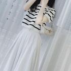 Short-sleeve Striped Knit Top / Midi A-line Skirt