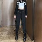 Long-sleeve Lettering Cropped Top / Spaghetti Strap Top / Strap Harem Pants / Set
