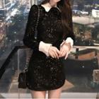 Long-sleeve Contrast Trim Sequined Dress Black - One Size