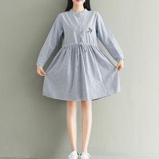 Long-sleeve Striped Drawstring-waist Dress