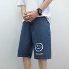 High-waist Smiley Face Printed Denim Shorts